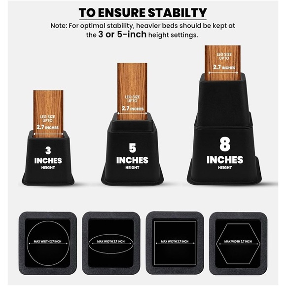 Utopia Bedding Adjustable Bed Risers Black 3, 5, 8 Inch Set - Picture 11 of 12